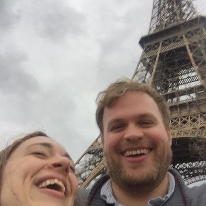 Beth and Dan in front of the Eiffel Tower.