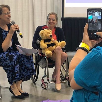 Photo of Cindy Kolbe and Beth Hardcastle speaking at the Boston Abilities Expo